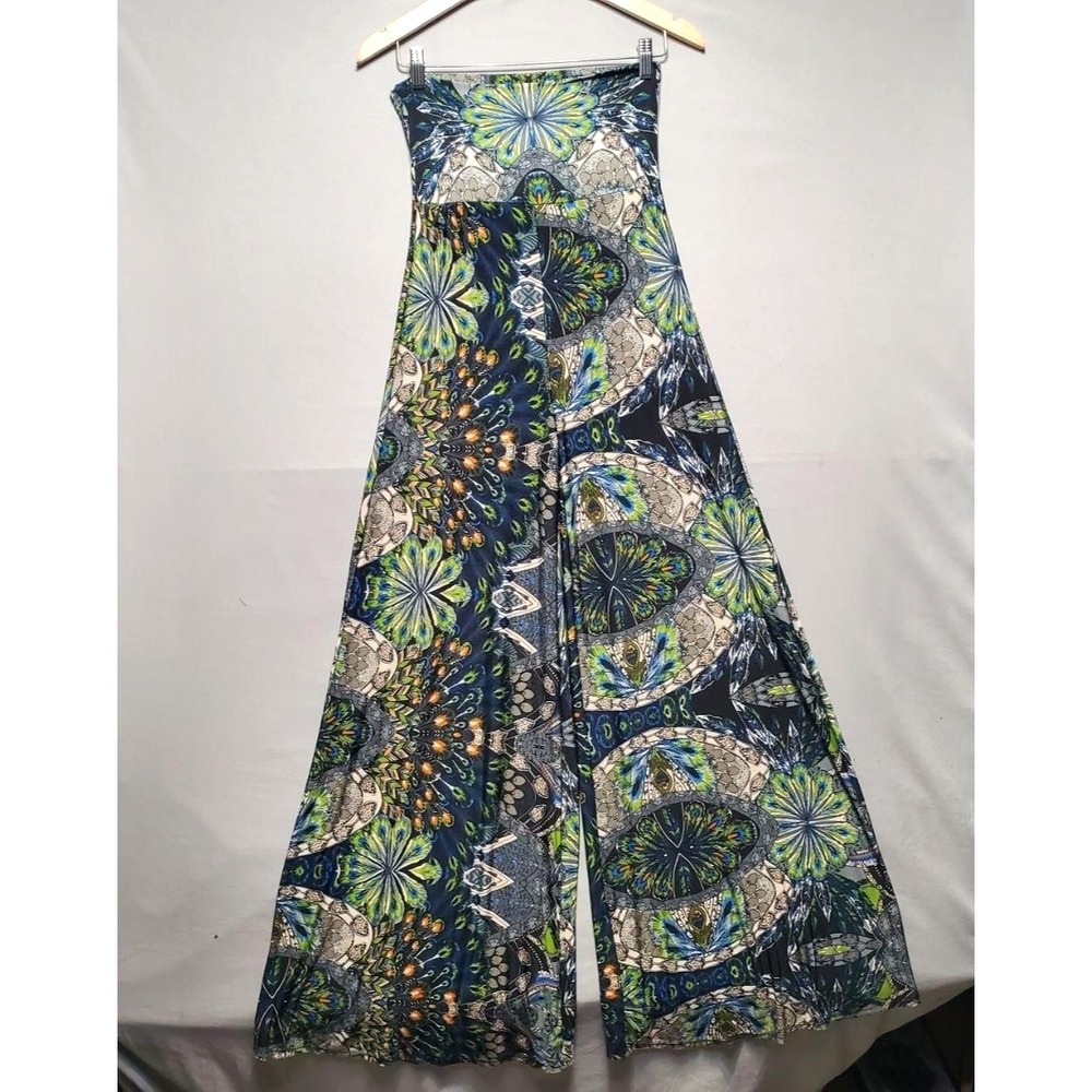True Light USA Y2K Mandala Peacock Wide Leg Jumpsuit Women S Blue Strapless Boho - Picture 1 of 12
